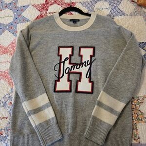 Tommy Hilfiger Gray and Cream Crewneck Sweater, Varsity Look.